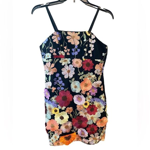 Evening Cocktail Black & Multicolor Fabric Floral Adjustable Straps Lined Dress - Picture 1 of 6